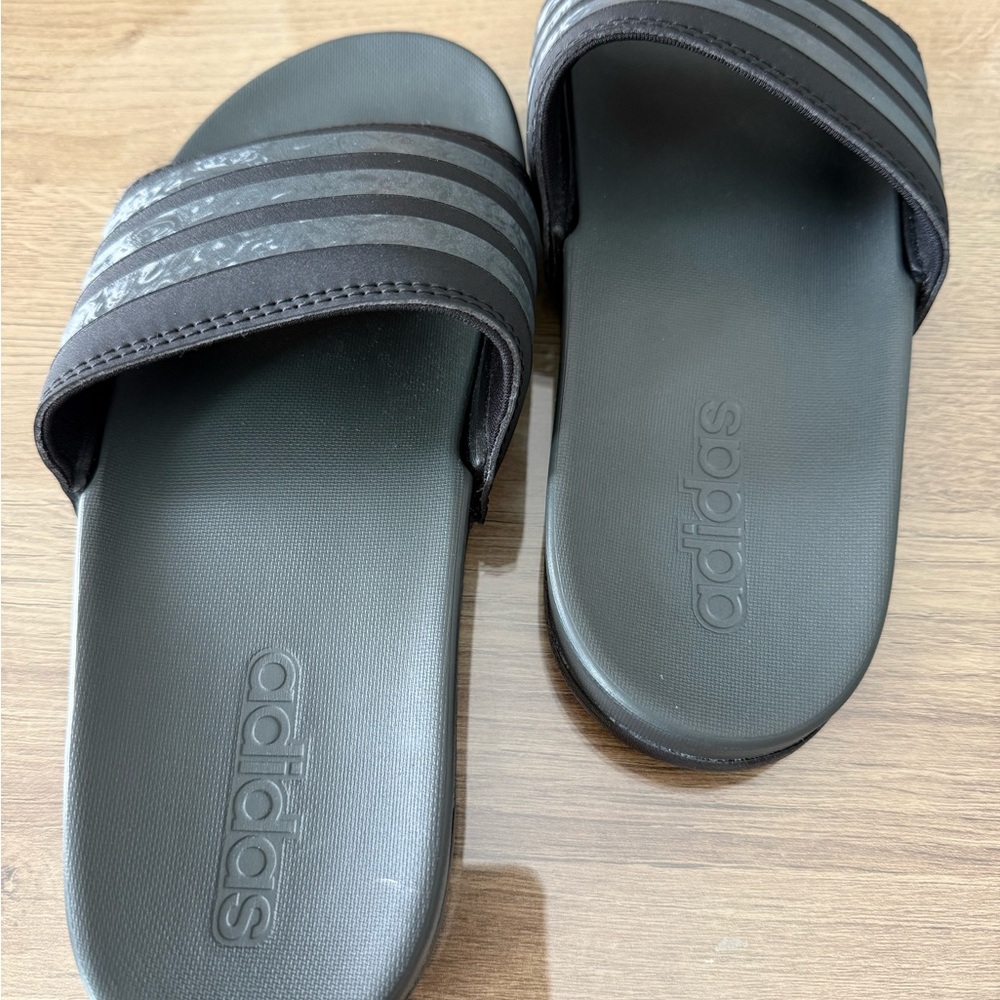 adidas Black Slide Sandals with Dark Charcoal Stripes